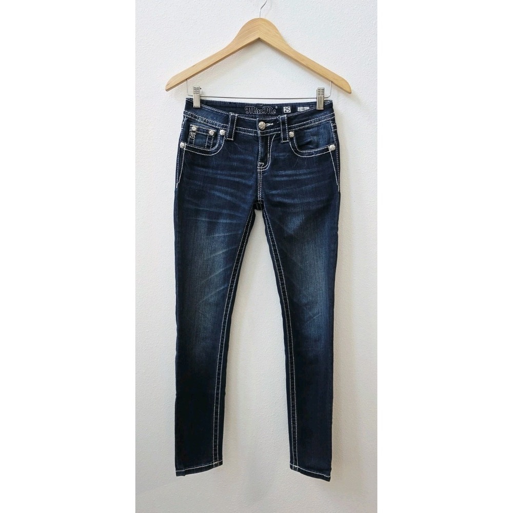 MISS ME Low Rise Skinny Jeans Women's Size 25 Dark Wash Embellished Angel Wings